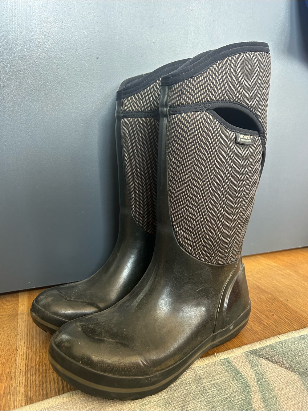 Bogs Black Rain Boots with Gray Herringbone Upper